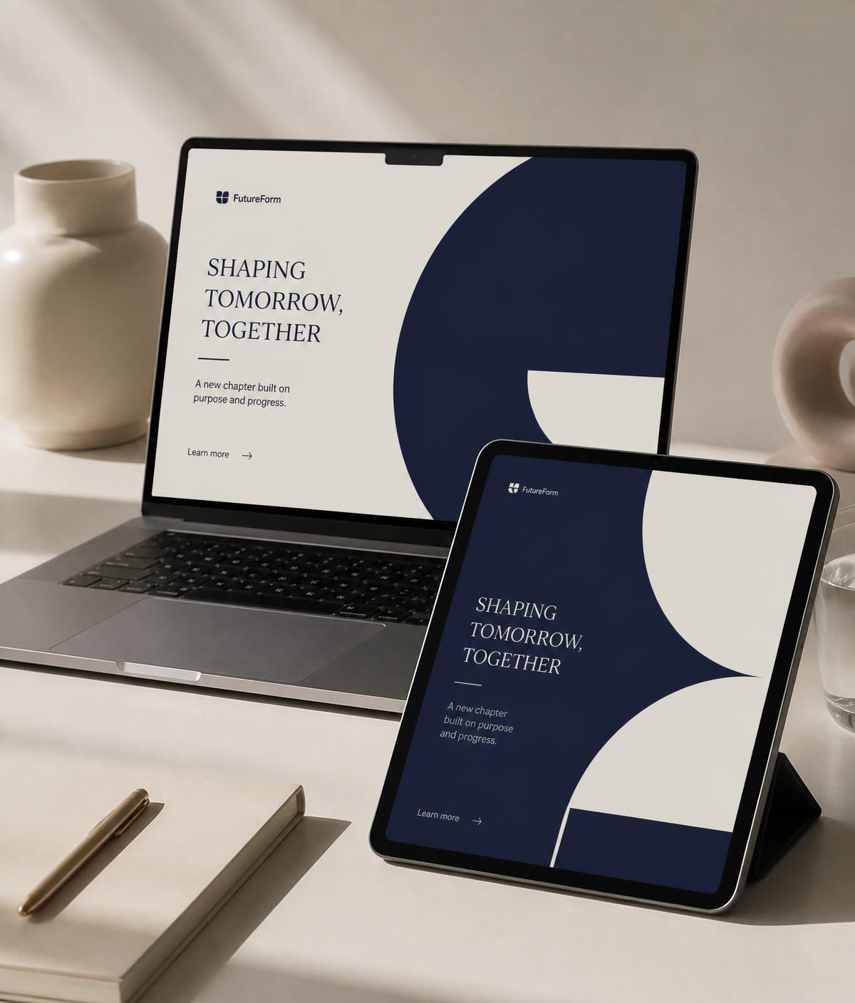 Launch campaign design shown on a laptop and tablet with navy geometric graphics