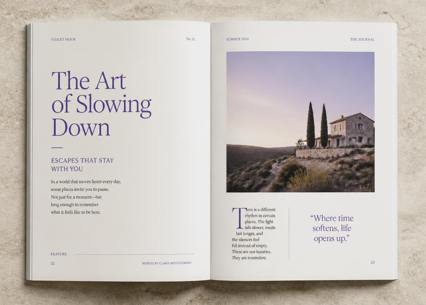 Open magazine spread with a large violet serif headline and generous white space